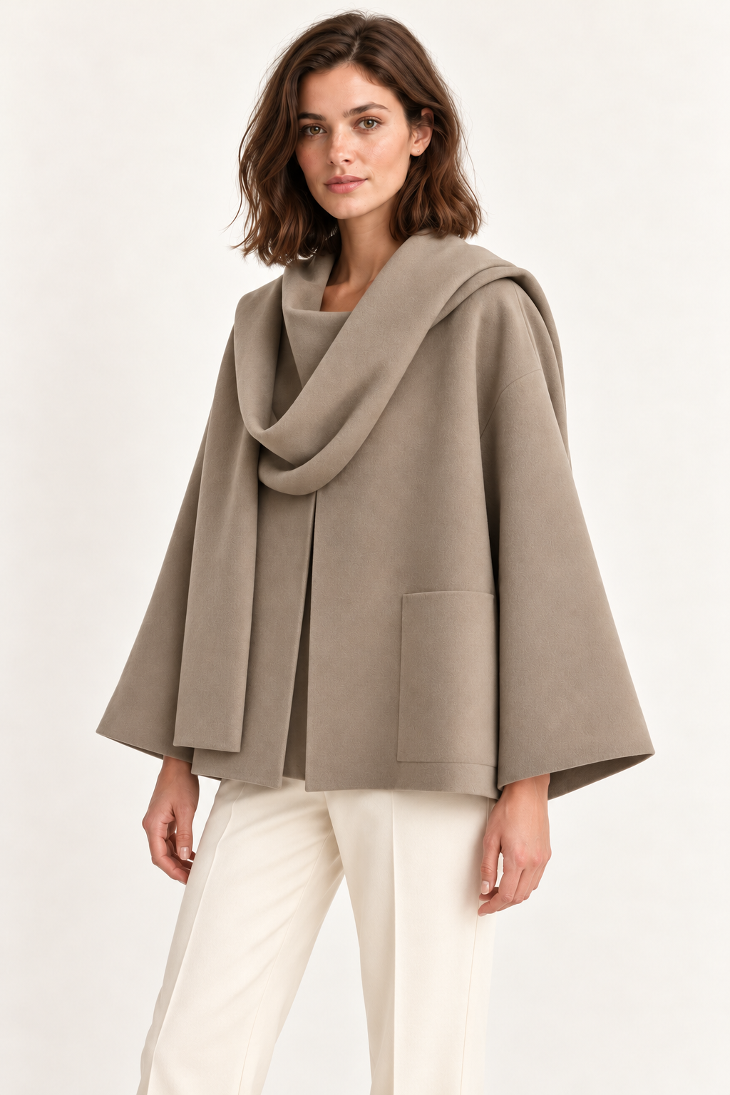 Harevi women's taupe scarf coat - three-quarter on model