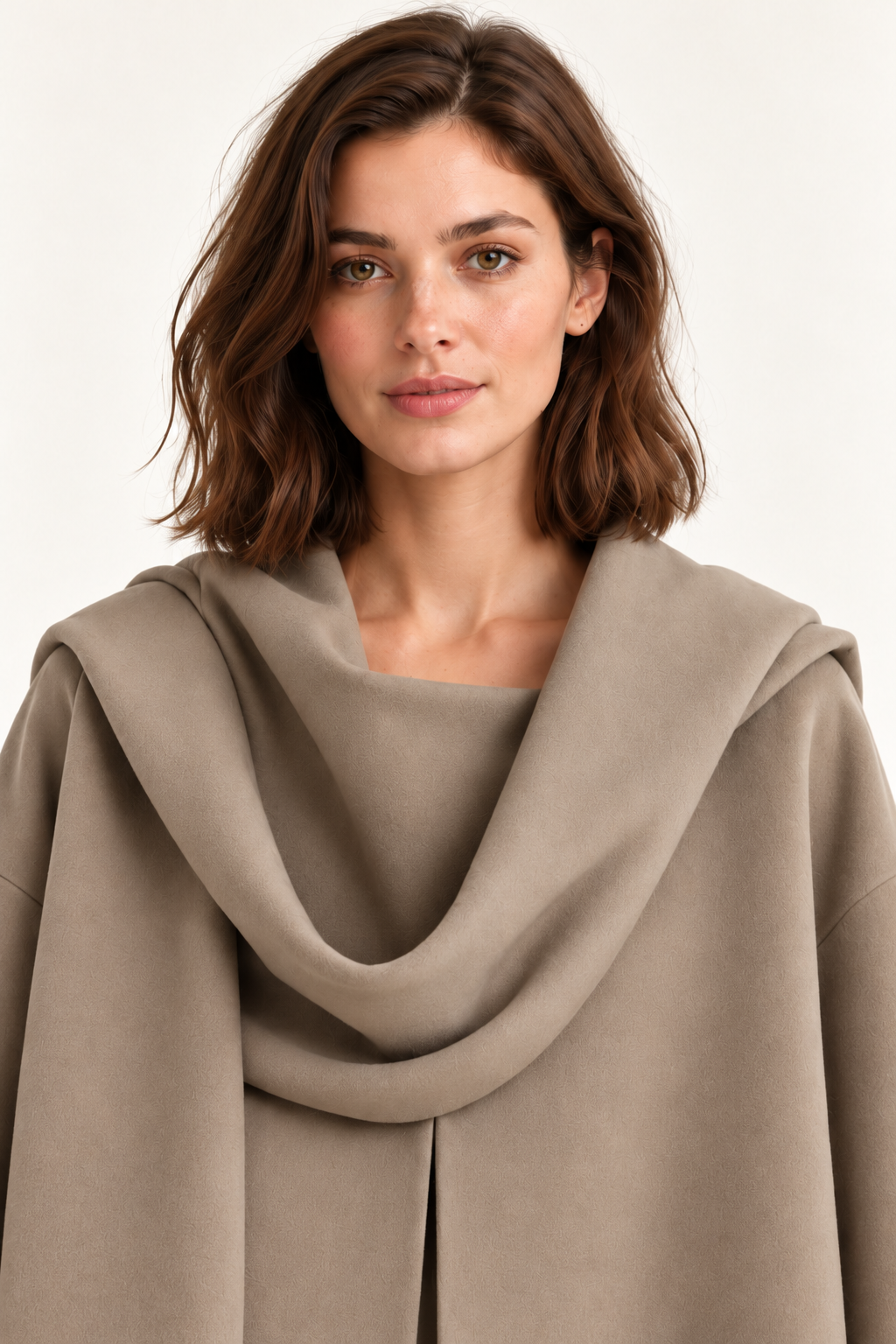 Harevi women's taupe scarf coat - close-up