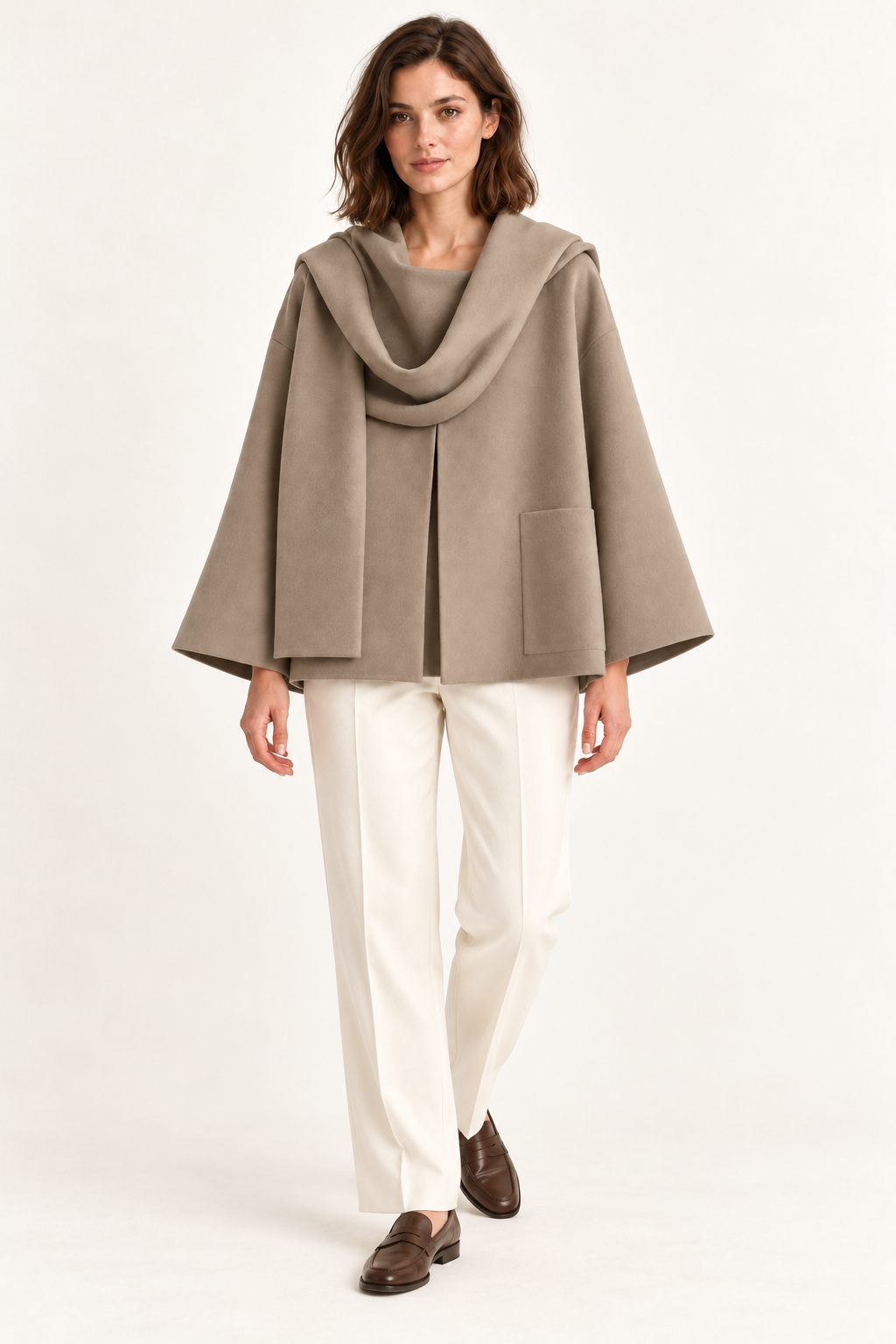 Harevi women's taupe scarf coat - styling