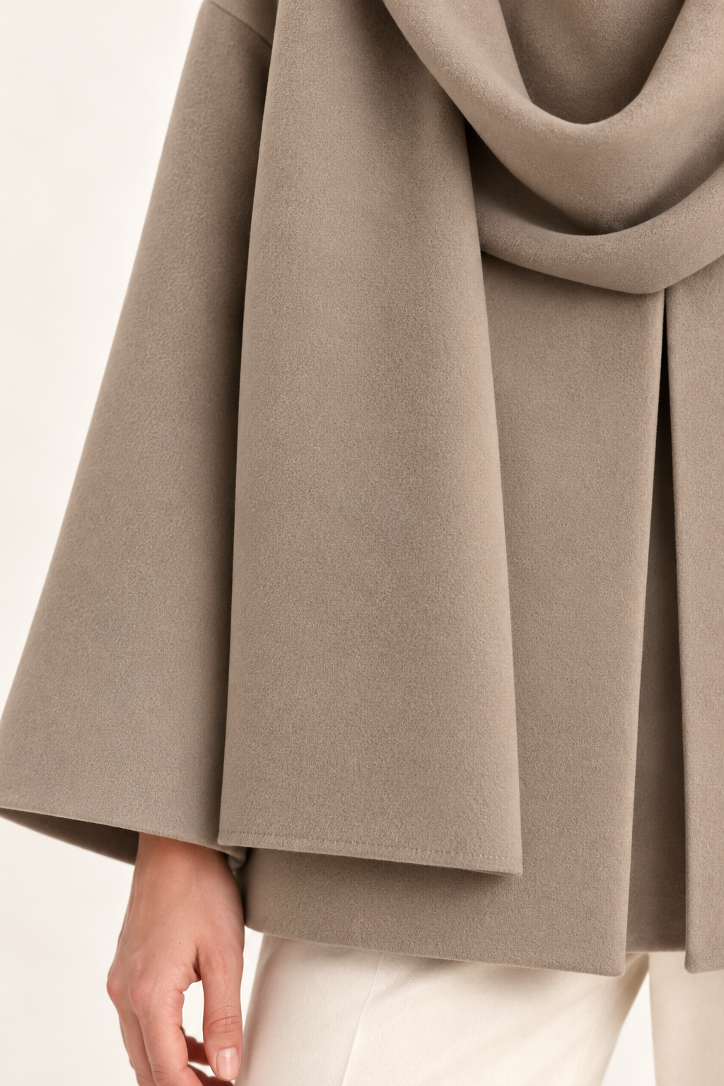 Harevi women's taupe scarf coat - scarf fabric and hem detail