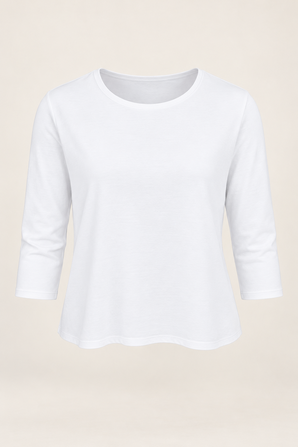 Women's Three Quarter Sleeve Top - Crew Neck Cropped Relaxed Fit - White product only