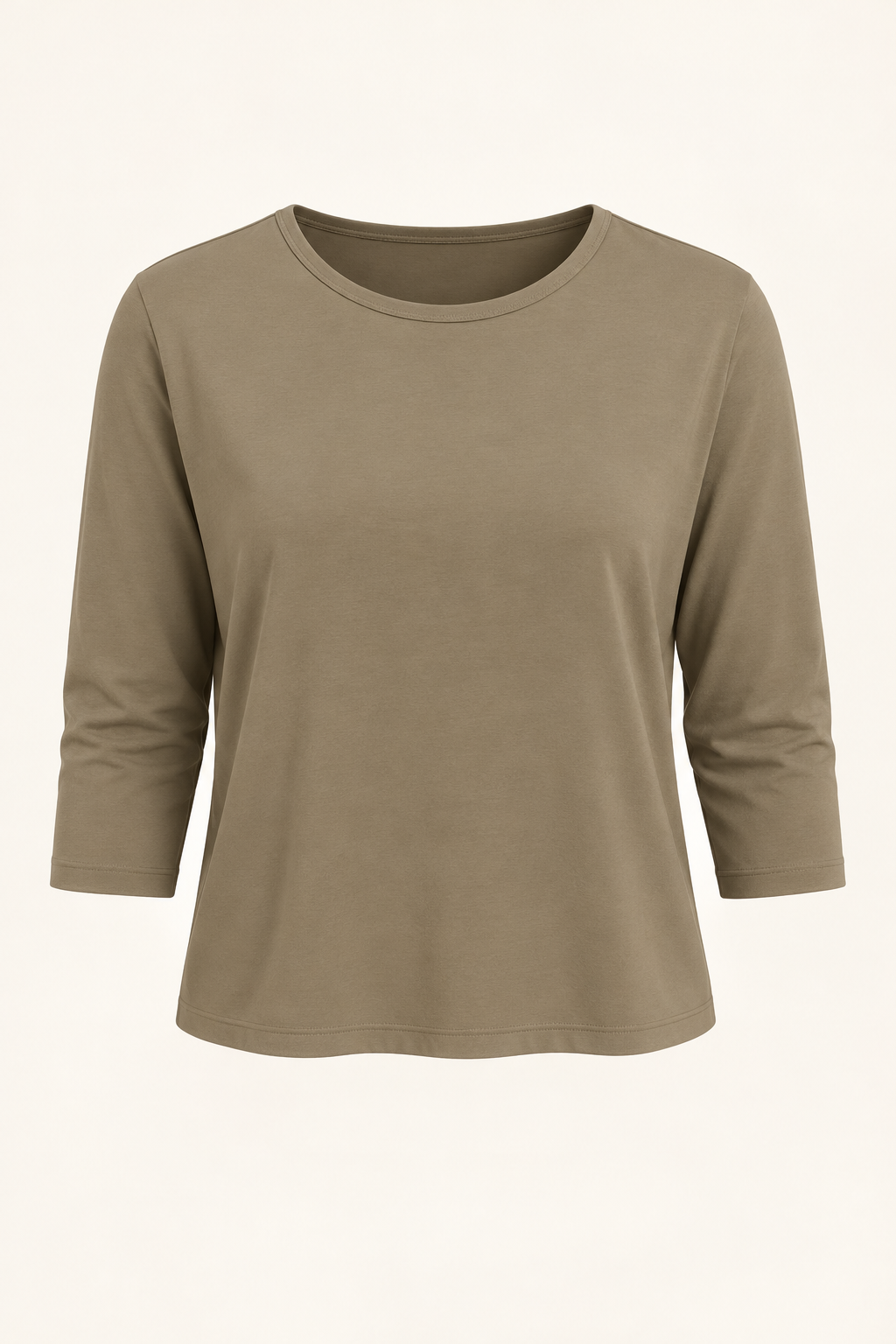 Women's Three Quarter Sleeve Top - Crew Neck Cropped Relaxed Fit - Khaki product only
