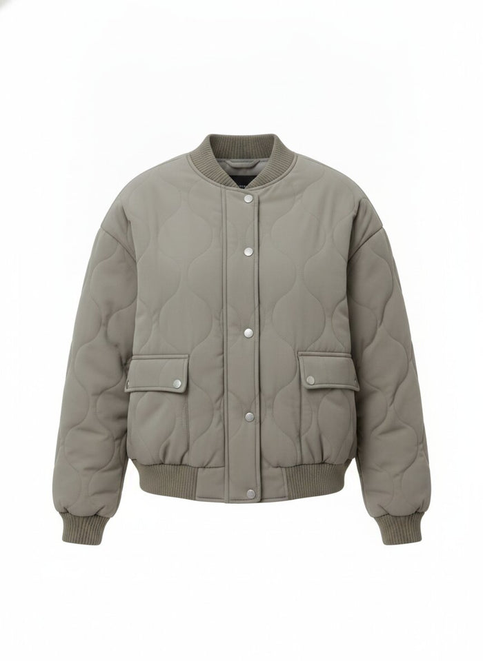 Women's Quilted Bomber Jacket - Lined Full Zip with Ribbed Trim
